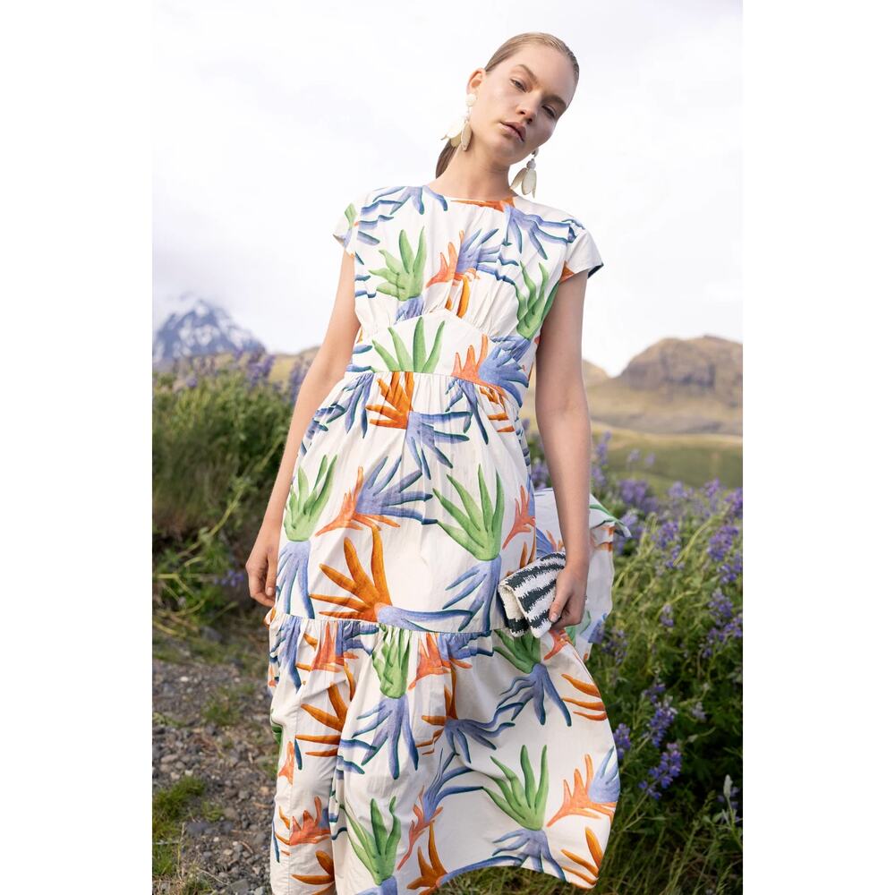 OLIPHANT Tuckernuck Cap Sleeve Midi Dress Fortuna Green Palm Print Cotton S - Picture 6 of 10
